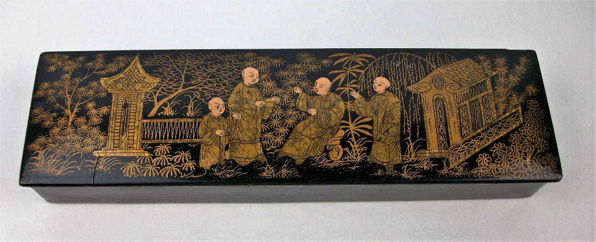 Antique Japanese Hand-Painted Black Lacquer Pencil Box Papier Mache Chinoiserie